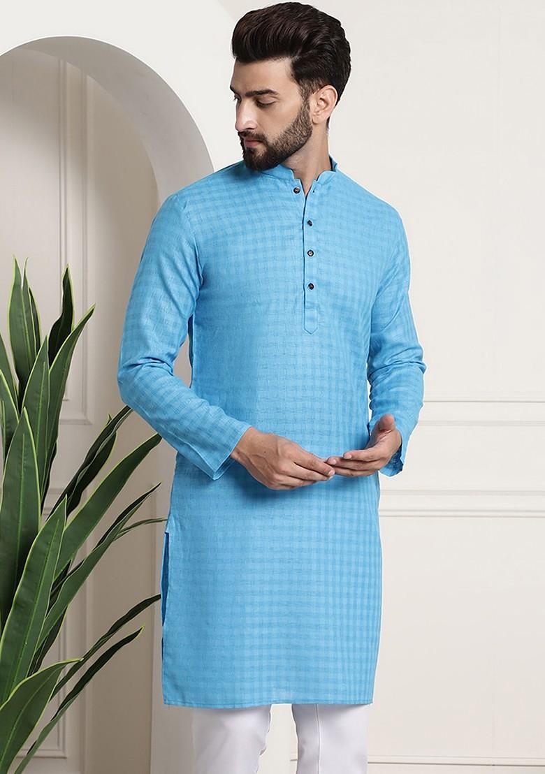 Blue Checked Cotton Kurta For Men