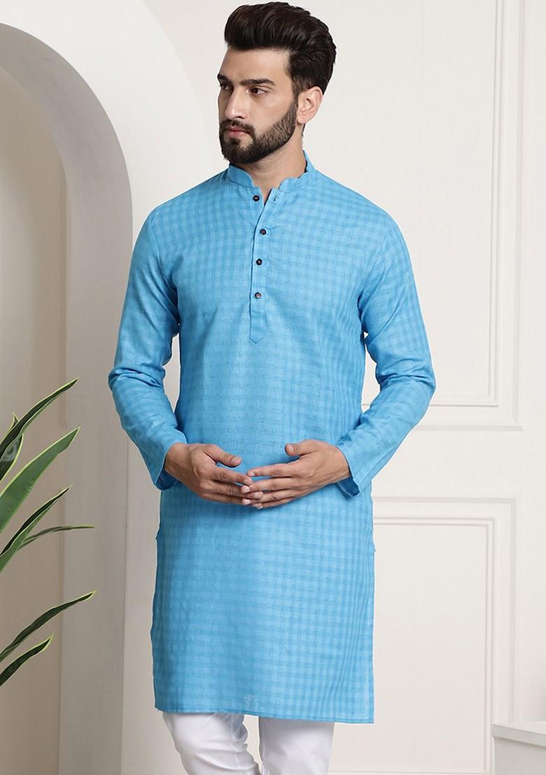 Blue Checked Cotton Kurta For Men