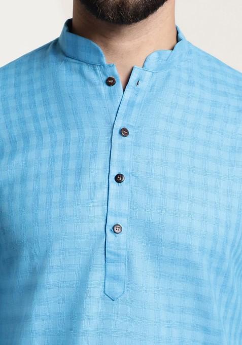 Blue Checked Cotton Kurta For Men