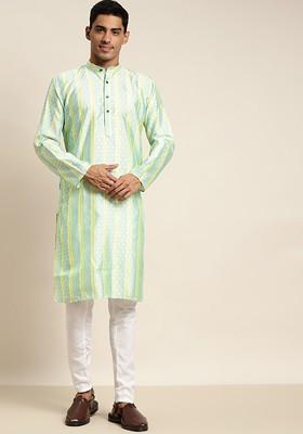 Green Thread Work Poly Blend Kurta For Men