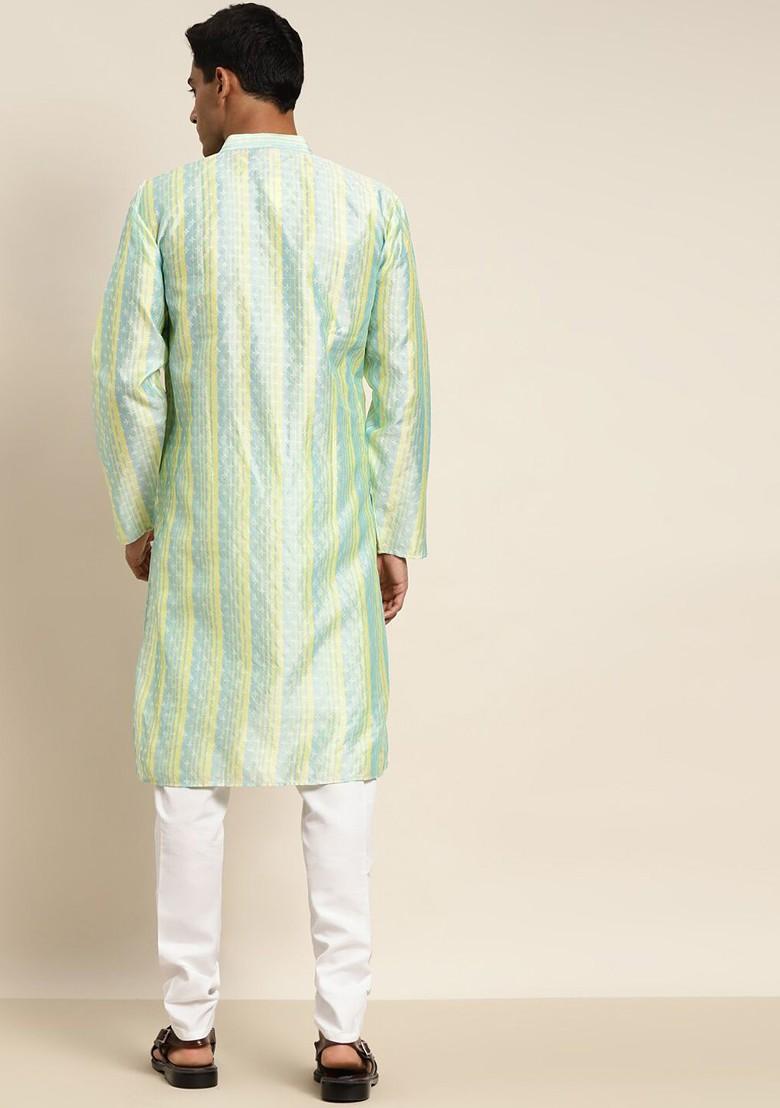 Green Thread Work Poly Blend Kurta For Men