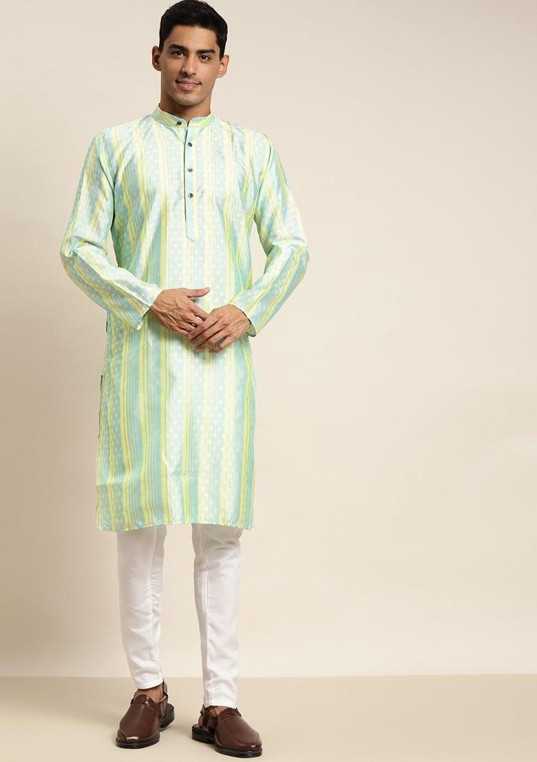 Green Thread Work Poly Blend Kurta For Men