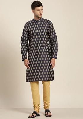 Navy Blue Woven Jacquard Kurta For Men
