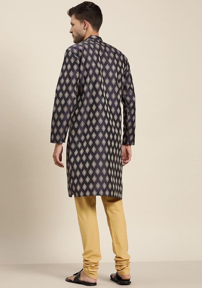 Navy Blue Woven Jacquard Kurta For Men