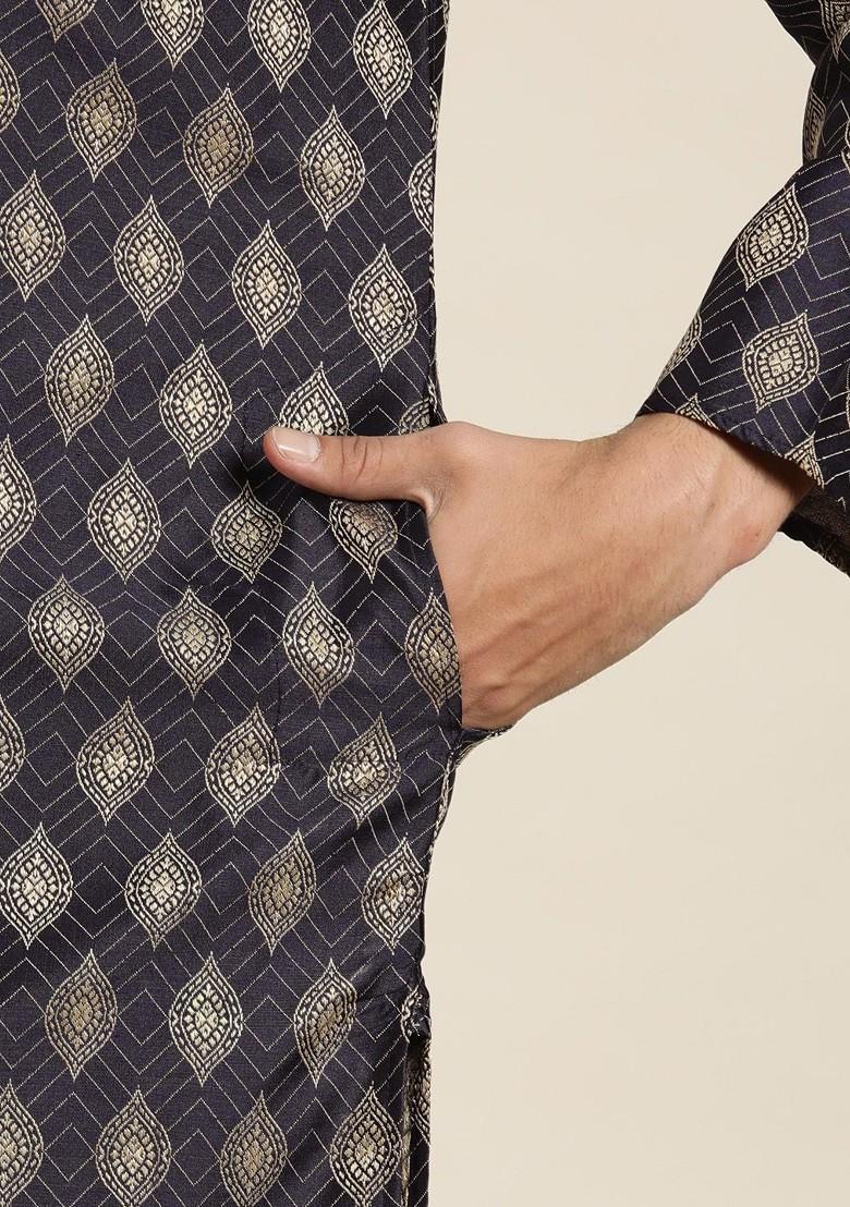 Navy Blue Woven Jacquard Kurta For Men
