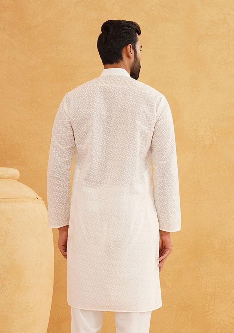 Cream Thread Work Poly Blend Kurta For Men