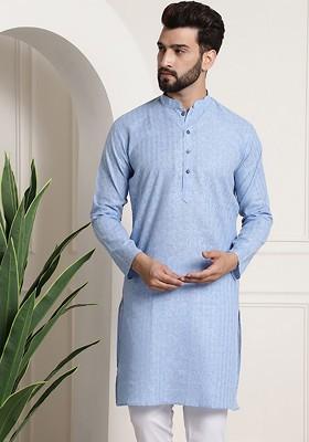 Blue Thread Work Poly Blend Kurta For Men