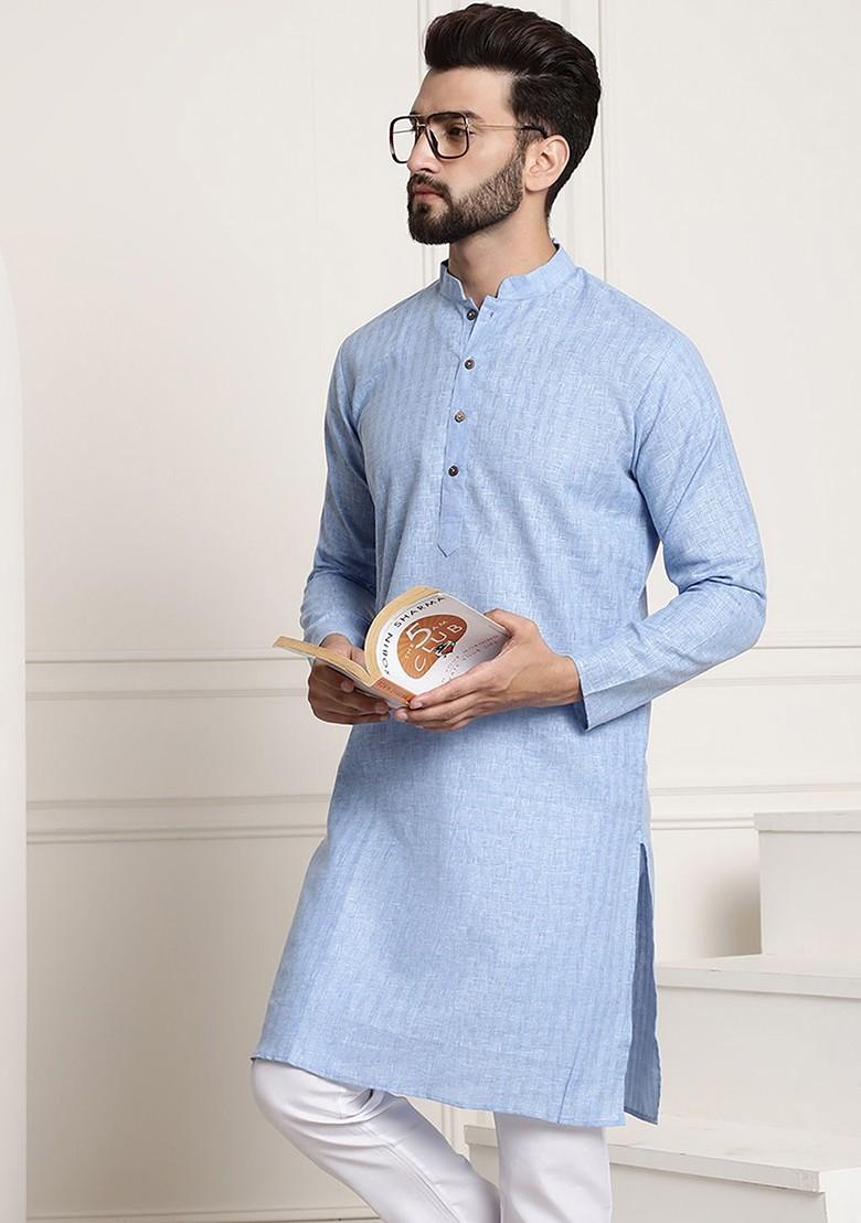Blue Thread Work Poly Blend Kurta For Men