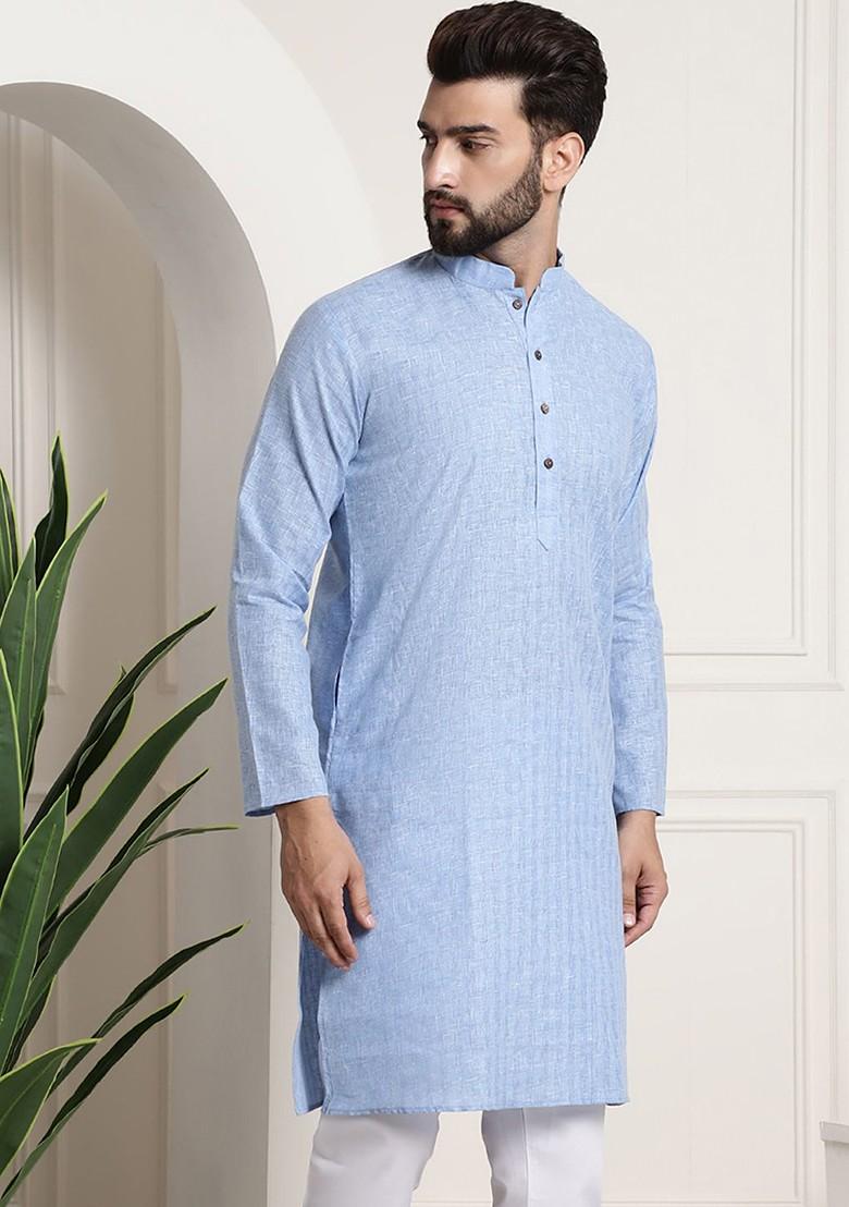 Blue Thread Work Poly Blend Kurta For Men