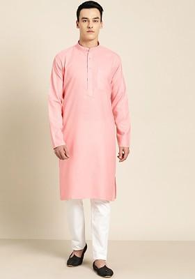 Pink Thread Work Poly Blend Kurta For Men