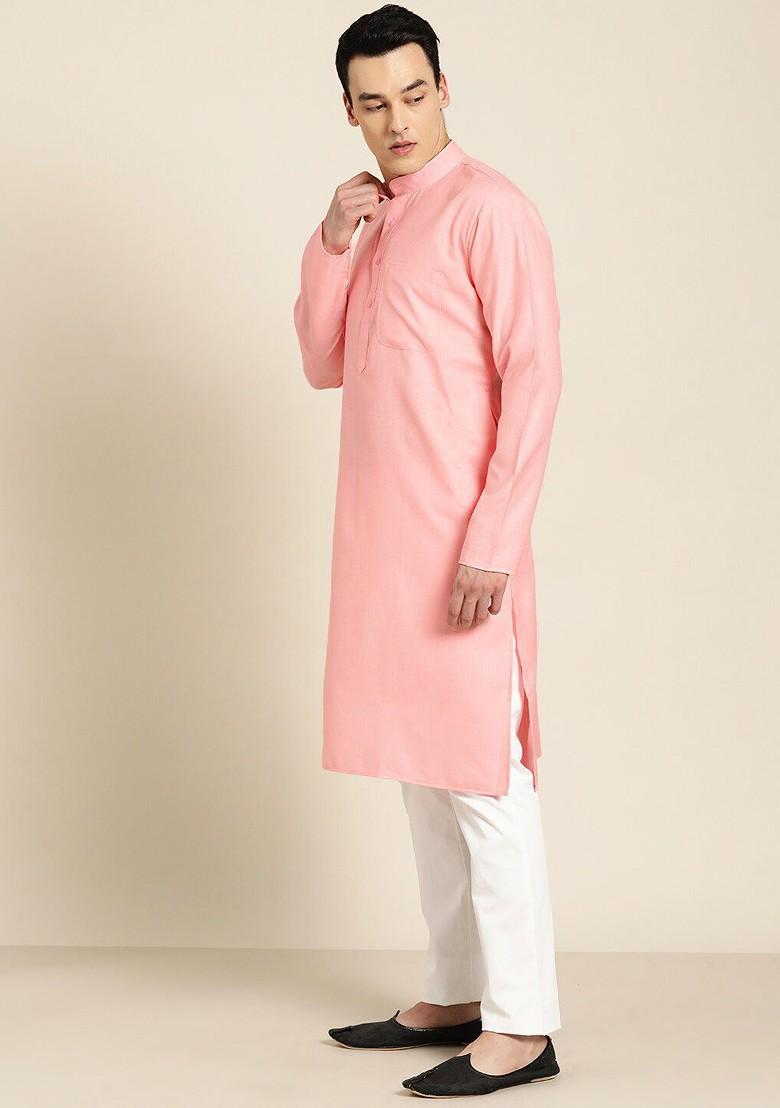 Pink Thread Work Poly Blend Kurta For Men