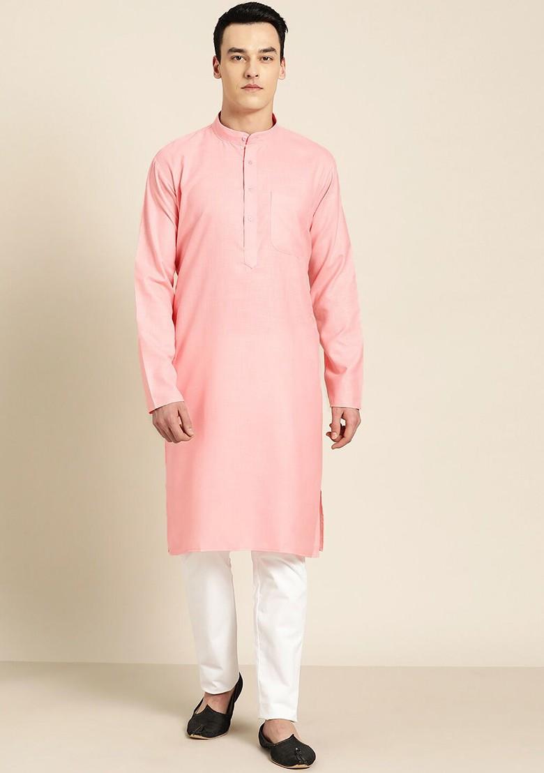 Pink Thread Work Poly Blend Kurta For Men