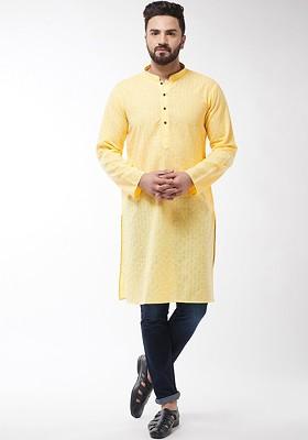 Yellow Thread Work Poly Blend Kurta For Men
