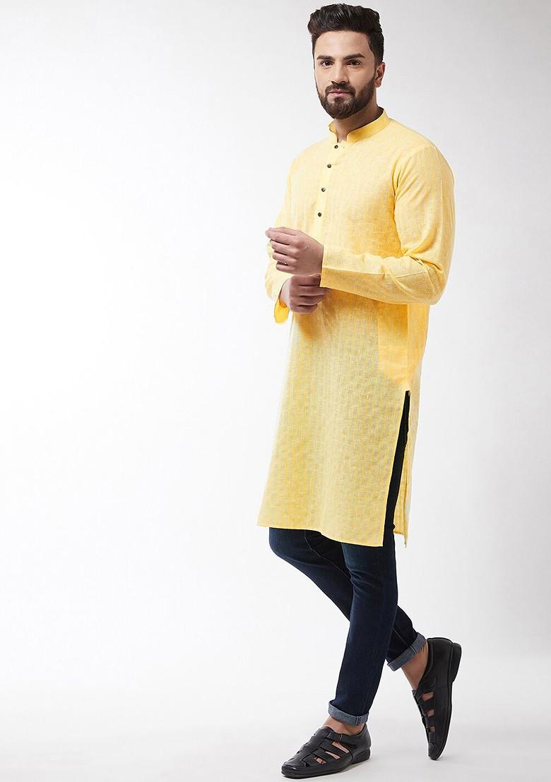 Yellow Thread Work Poly Blend Kurta For Men