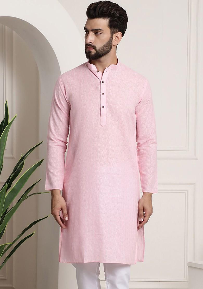 Pink Thread Work Poly Blend Kurta For Men