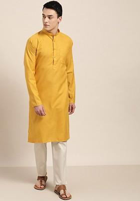 Mustard Thread Work Poly Blend Kurta For Men