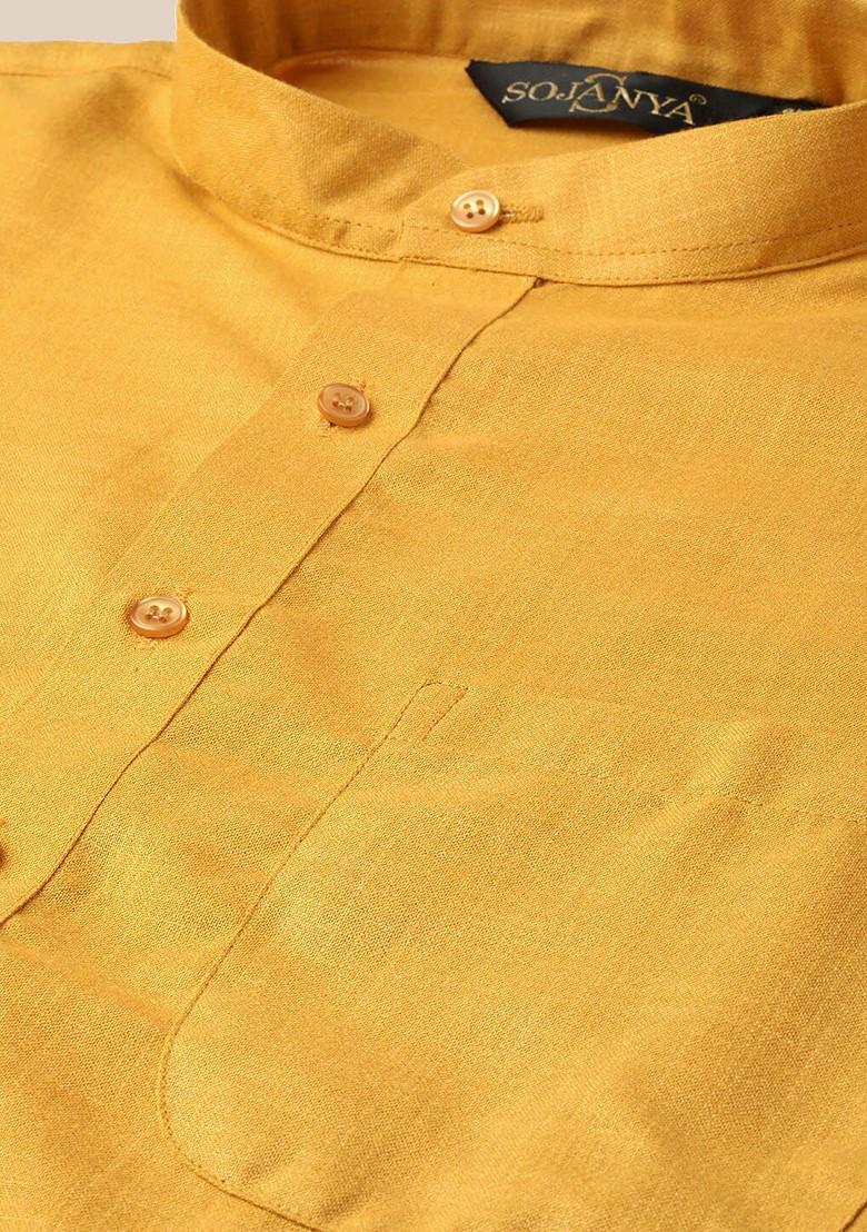 Mustard Thread Work Poly Blend Kurta For Men