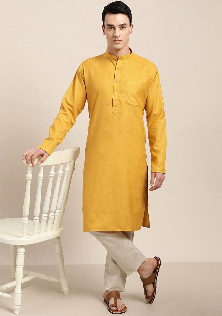 Mustard Thread Work Poly Blend Kurta For Men