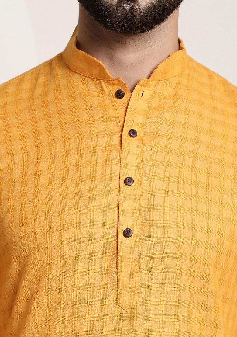 Mustard Thread Work Poly Blend Kurta For Men