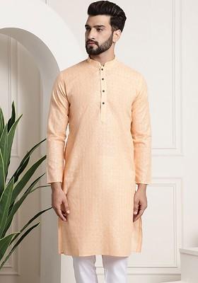 Peach Thread Work Poly Blend Kurta For Men