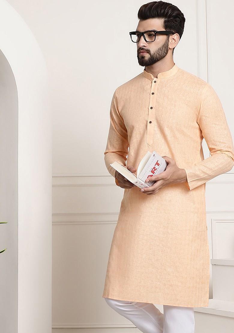 Peach Thread Work Poly Blend Kurta For Men