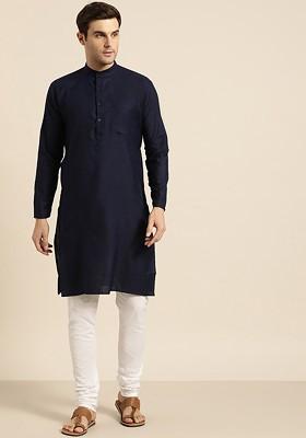 Navy Blue Thread Work Poly Blend Kurta For Men