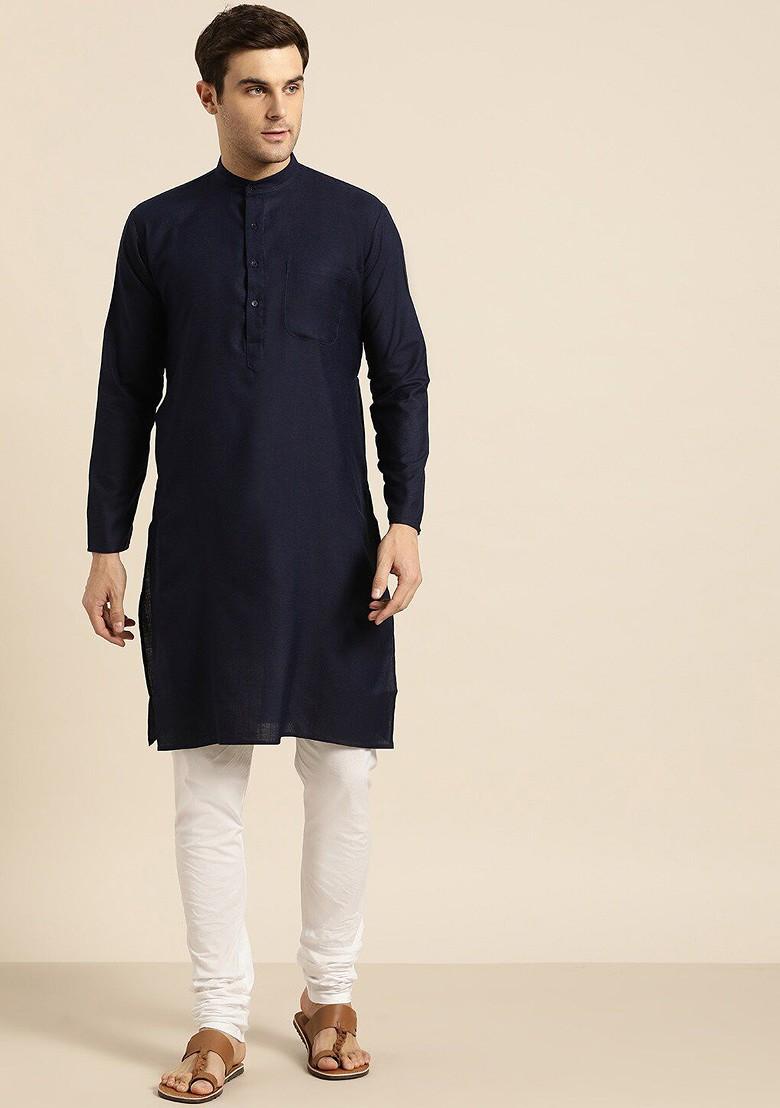 Navy Blue Thread Work Poly Blend Kurta For Men