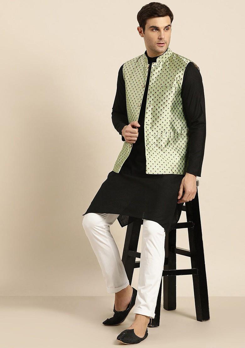 Black Thread Work Poly Blend Kurta For Men