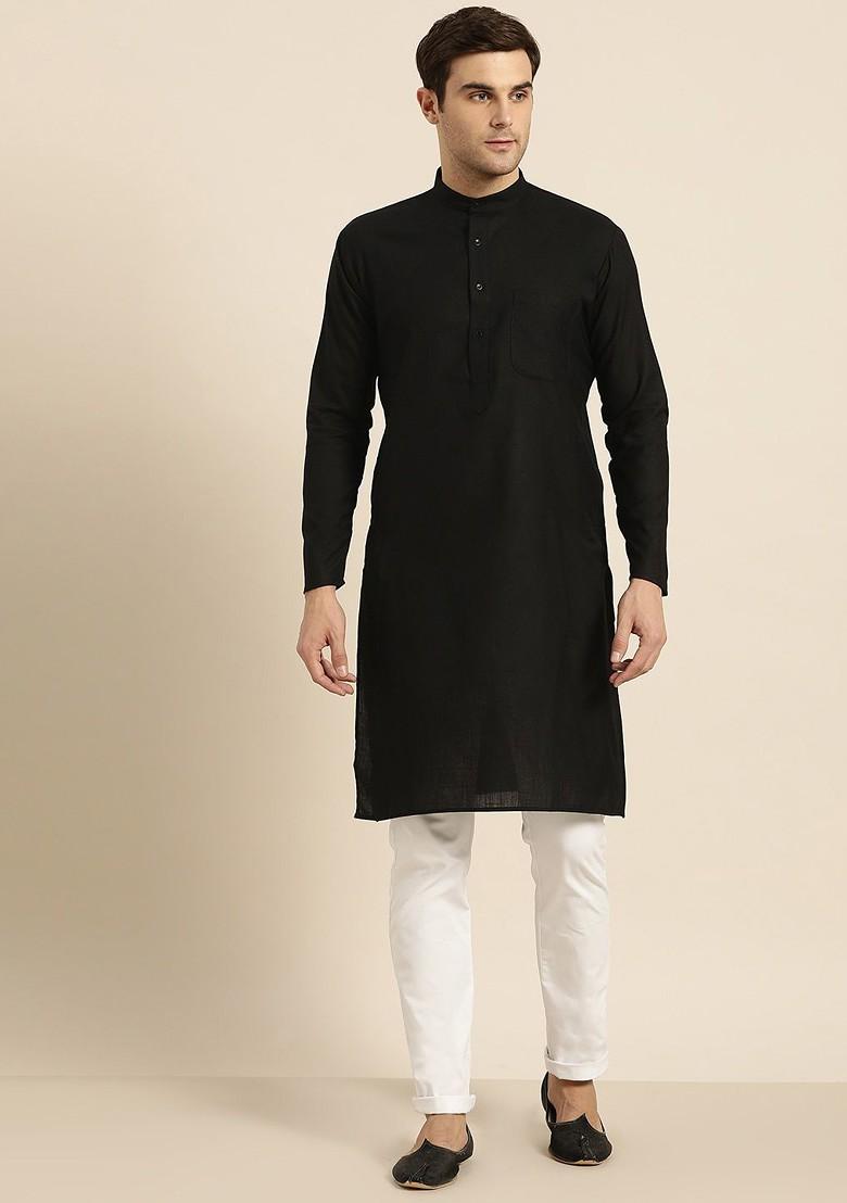 Black Thread Work Poly Blend Kurta For Men