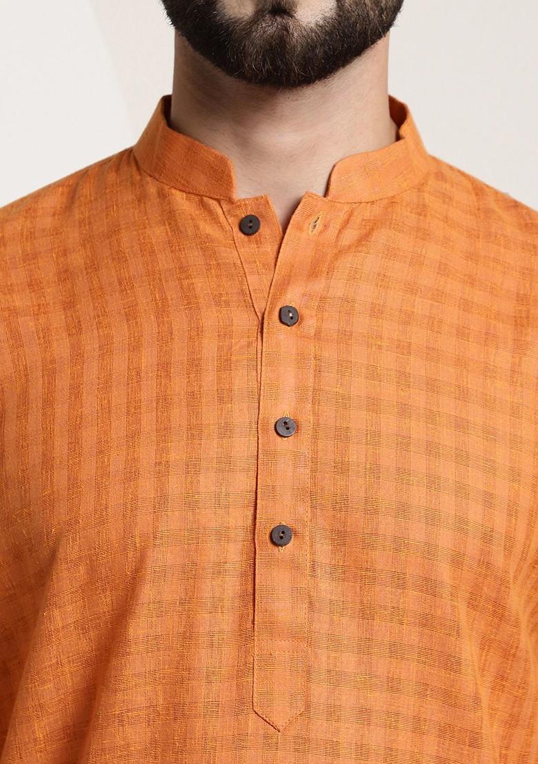 Orange Thread Work Poly Blend Kurta For Men