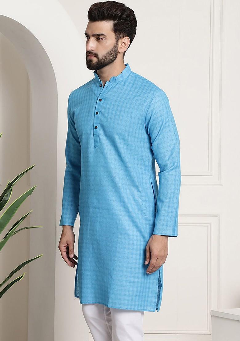 Blue Thread Work Poly Blend Kurta For Men