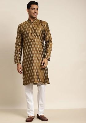 Mustard Solid Jacquard Kurta For Men