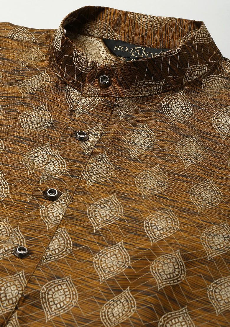 Mustard Solid Jacquard Kurta For Men