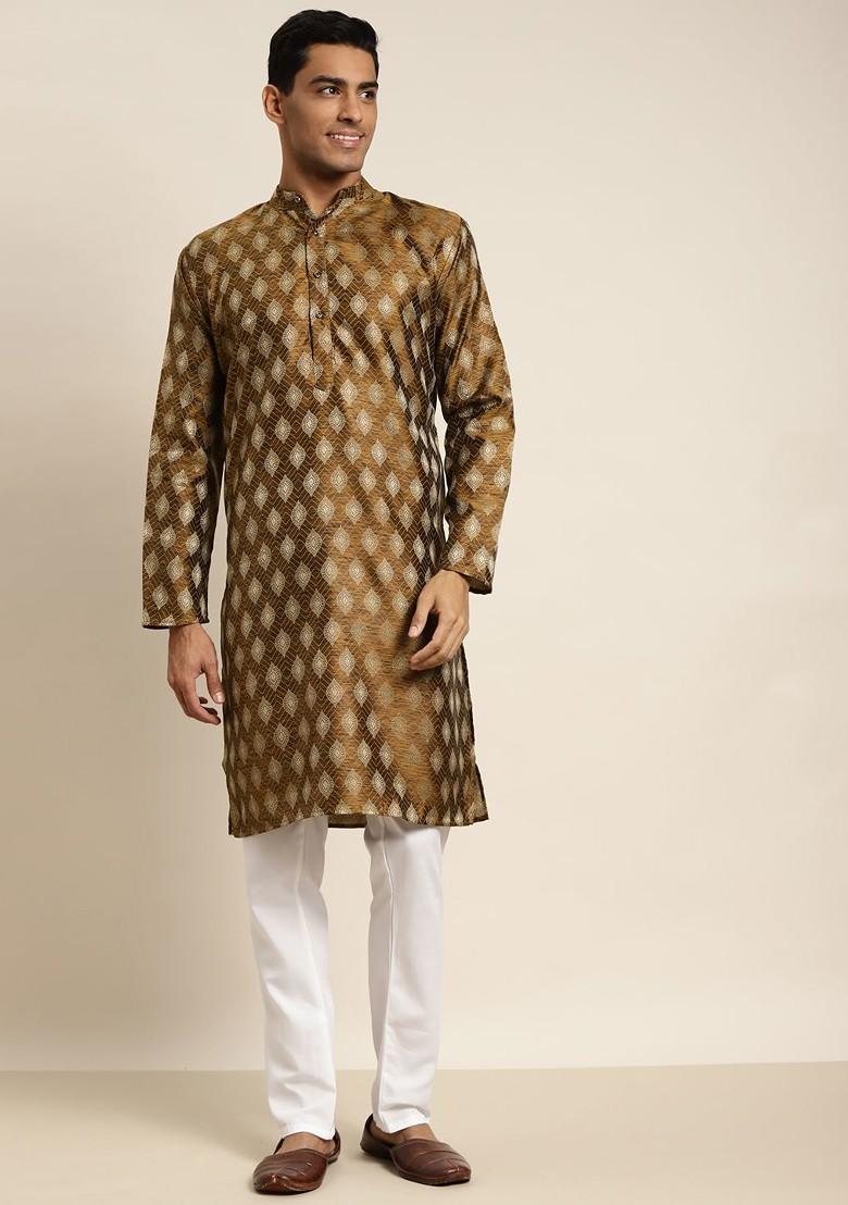 Mustard Solid Jacquard Kurta For Men