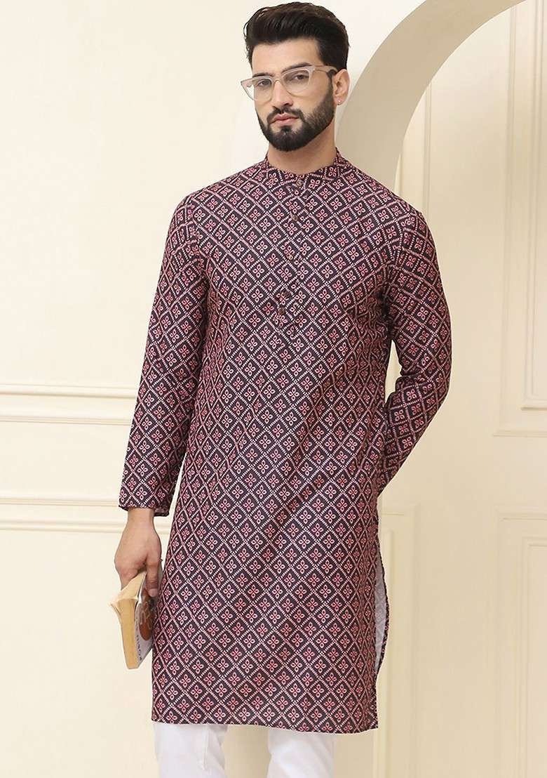 Black Solid Cotton Kurta For Men - Indya