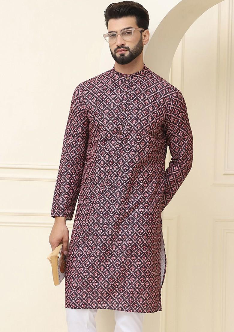 Black Solid Cotton Kurta For Men