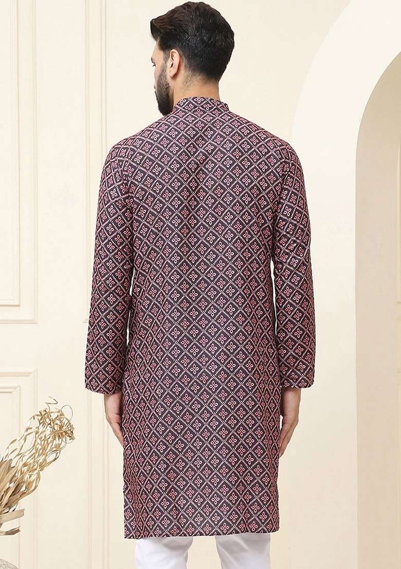 Black Solid Cotton Kurta For Men - Indya