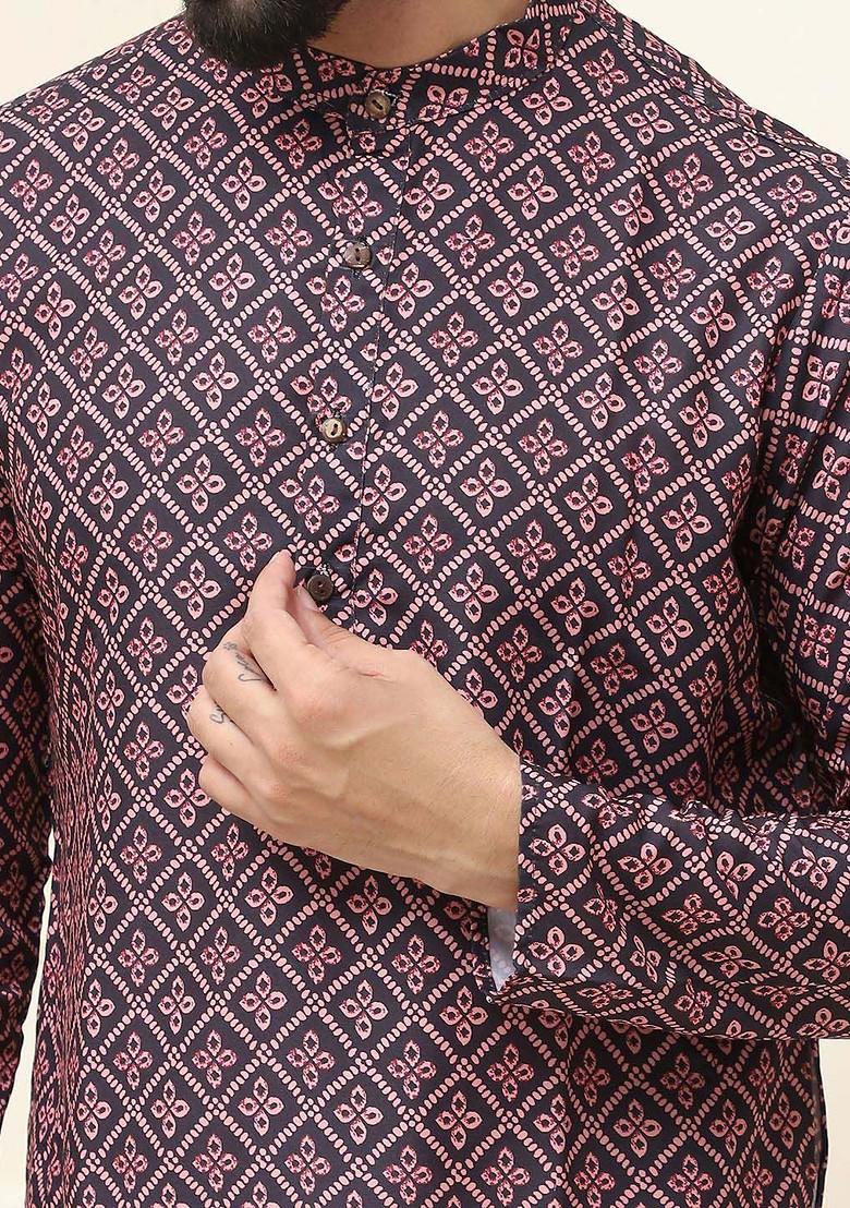 Black Solid Cotton Kurta For Men