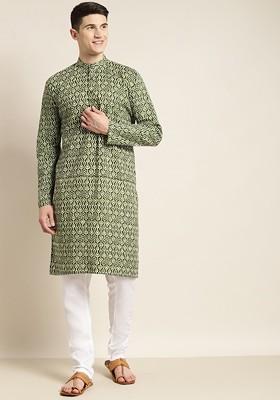 Green Ethnic Motifs Poly Blend Kurta For Men