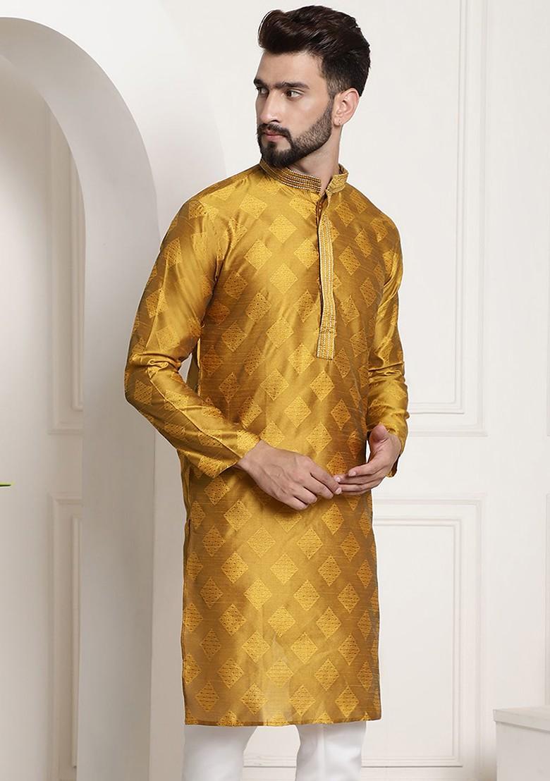 Mustard Ethnic Motifs Silk Kurta For Men