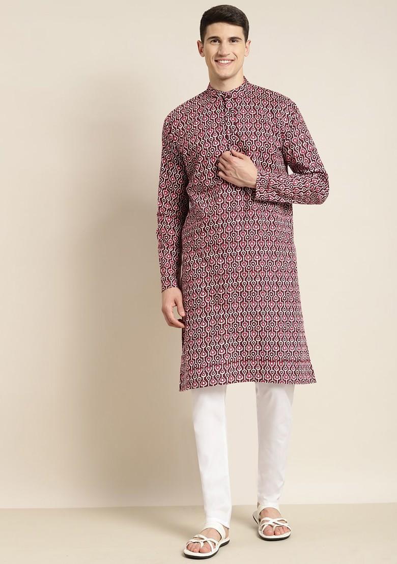 Brown Ethnic Motifs Poly Blend Kurta For Men