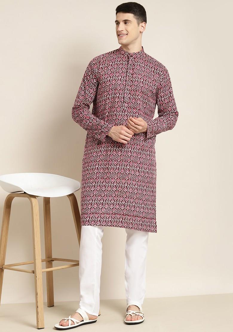 Brown Ethnic Motifs Poly Blend Kurta For Men