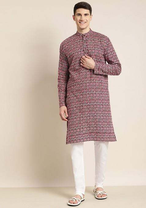 Brown Ethnic Motifs Poly Blend Kurta For Men