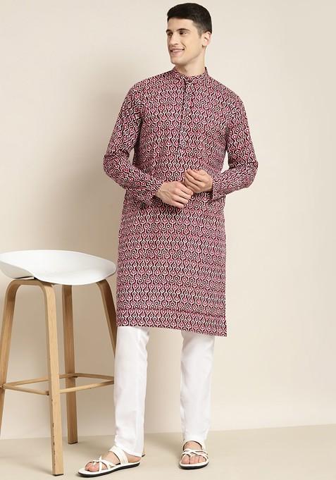 Brown Ethnic Motifs Poly Blend Kurta For Men