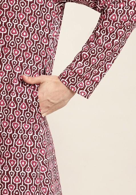 Brown Ethnic Motifs Poly Blend Kurta For Men