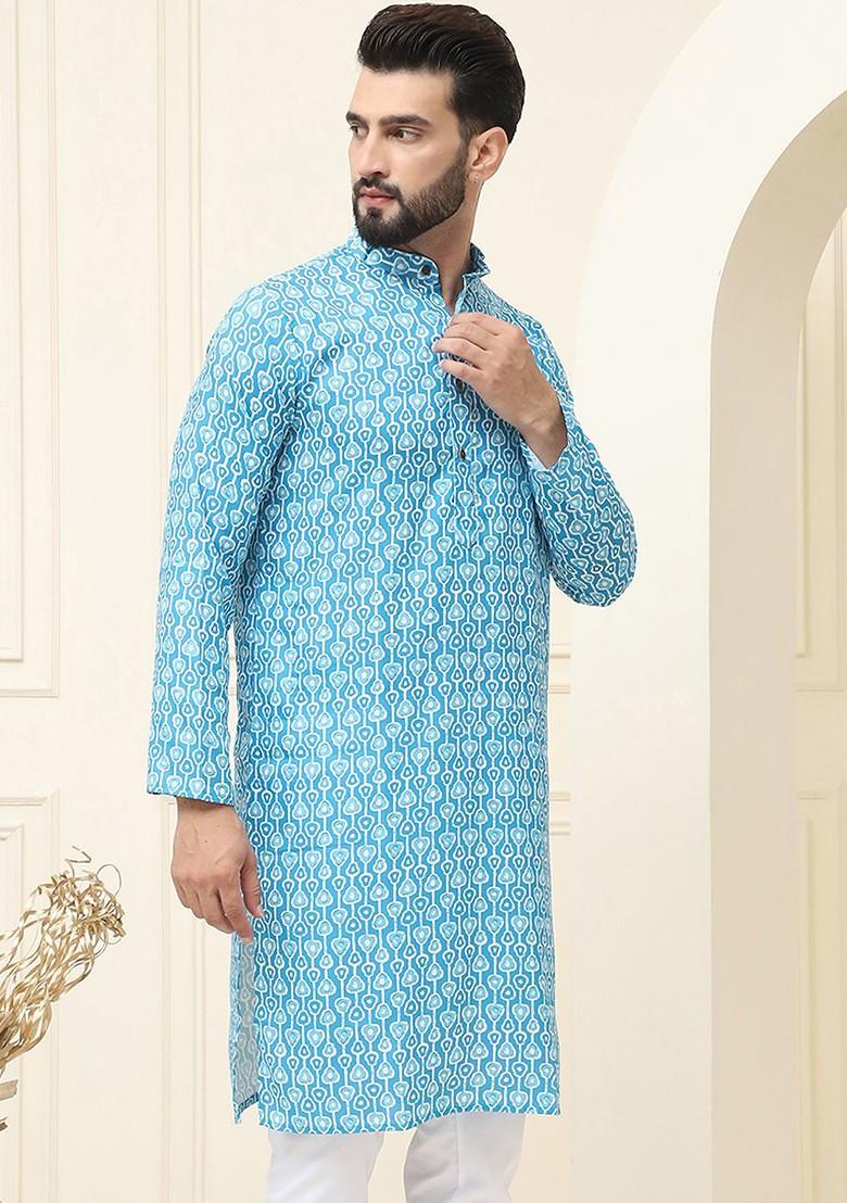 Turquoise Blue Ethnic Motifs Poly Blend Kurta For Men