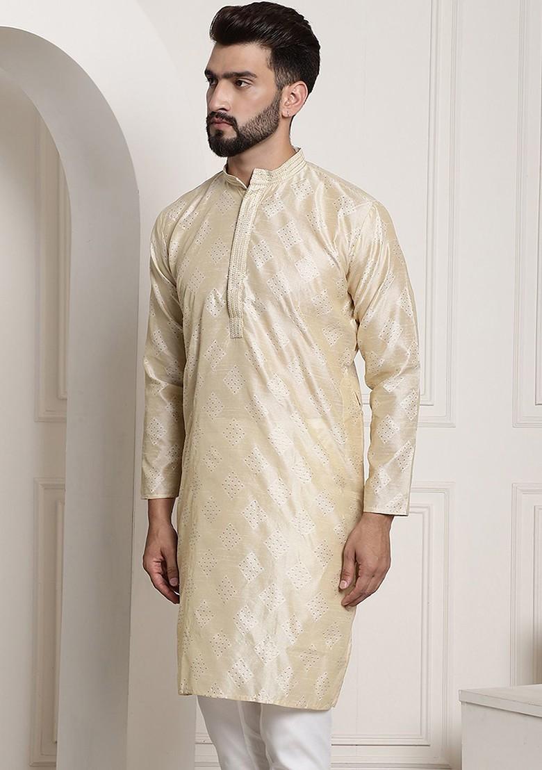Gold Ethnic Motifs Poly Blend Kurta For Men
