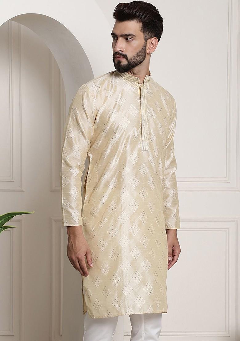 Gold Ethnic Motifs Poly Blend Kurta For Men