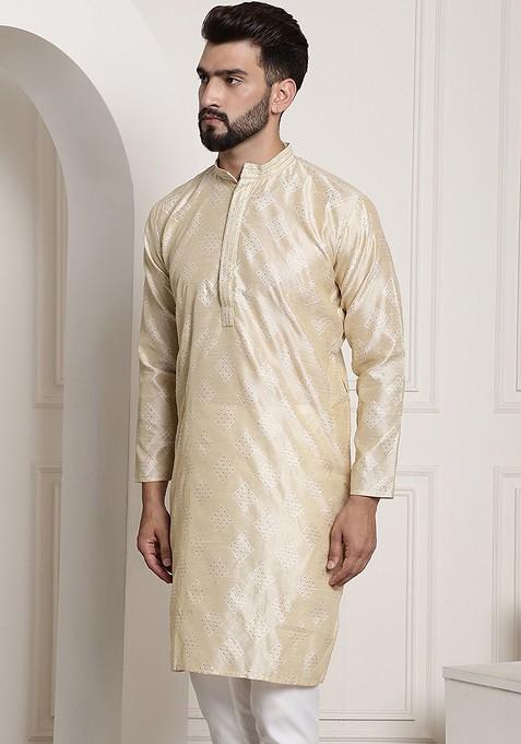 Gold Ethnic Motifs Poly Blend Kurta For Men