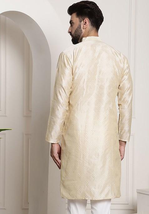 Gold Ethnic Motifs Poly Blend Kurta For Men